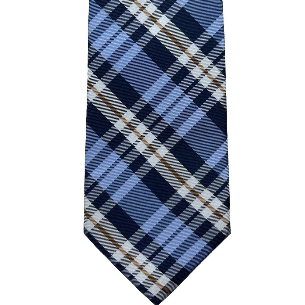Pronto Uomo Men's Silk Tie NWT Plaid Blue Navy White‎ Gold, 3.25x58, Orig $40